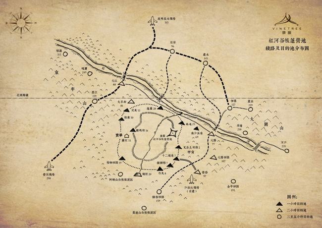 康藤·红河谷帐篷营地线路及目的地分布图